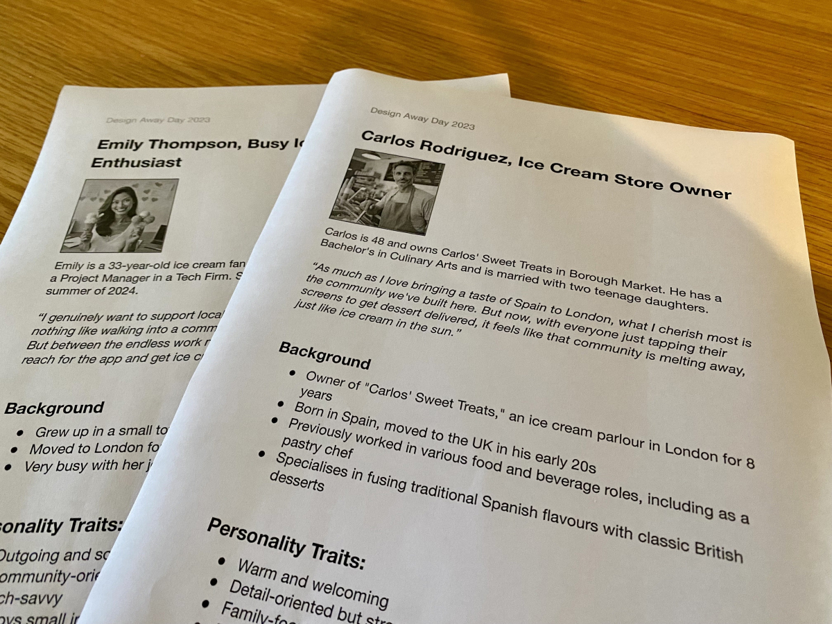 Two persona documents printed on A4 paper. One is for Carlos, the ice cream store owner, and the other is for Emily, a busy ice cream enthusiast.