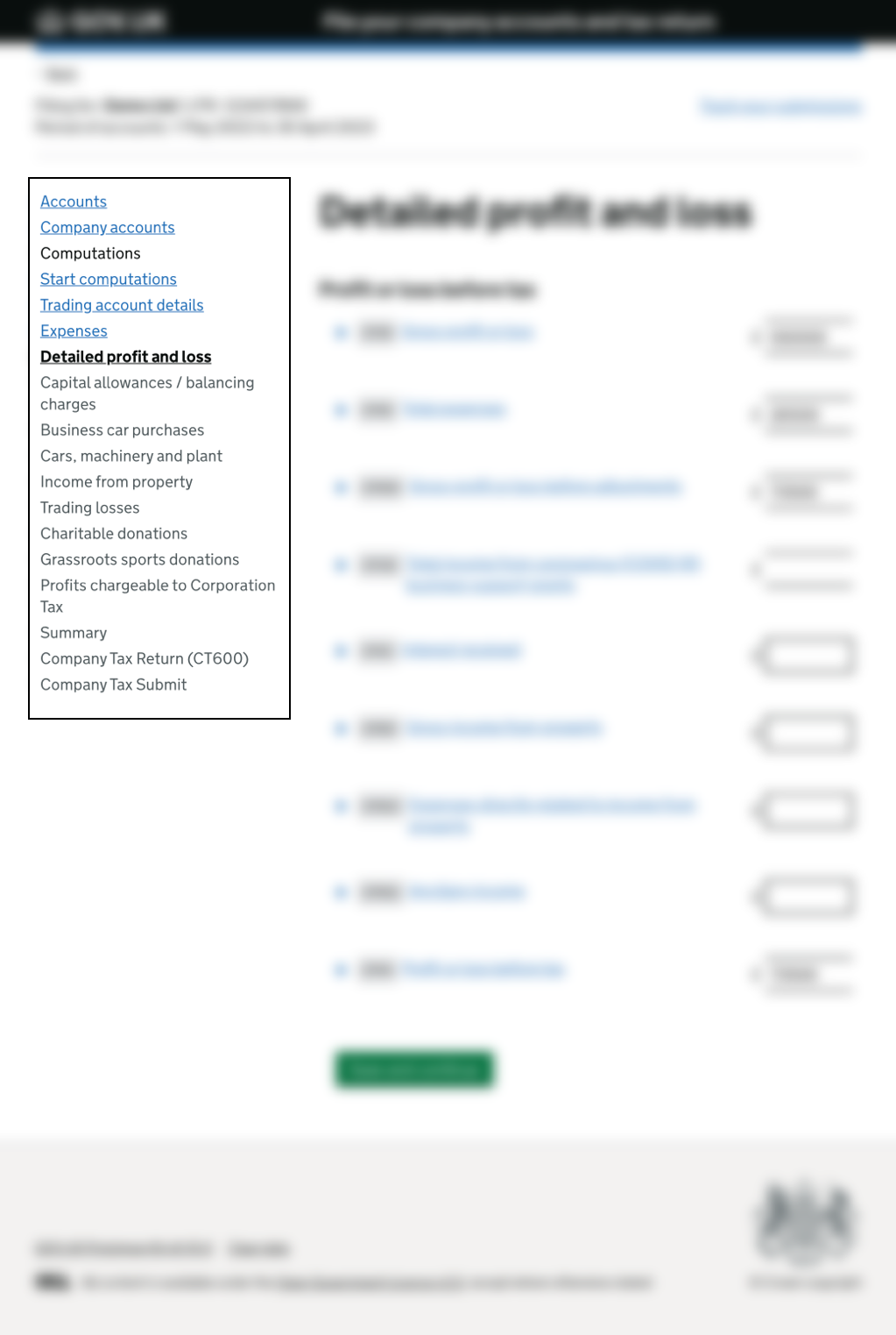 A screenshot of the old navigation in the corporation tax service