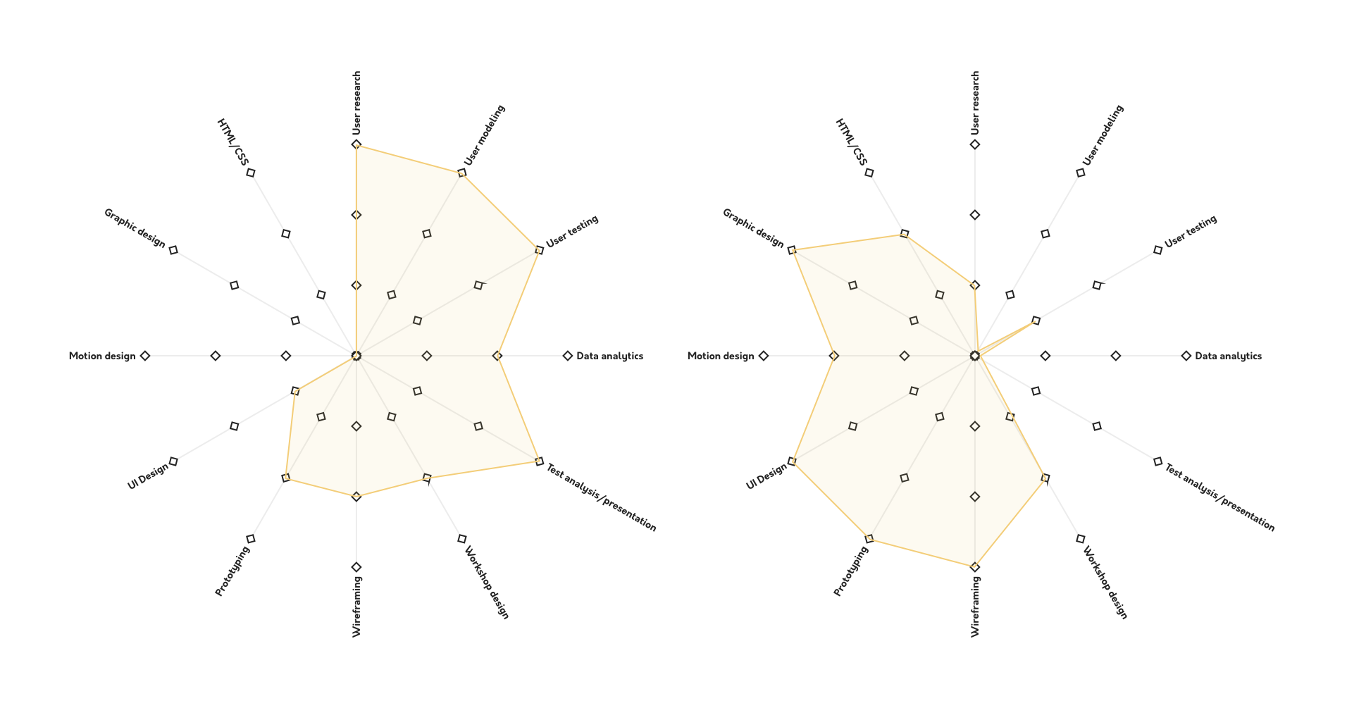 Two spider diagrams, skills along each axis with a shaded area to show each team members skill-shape