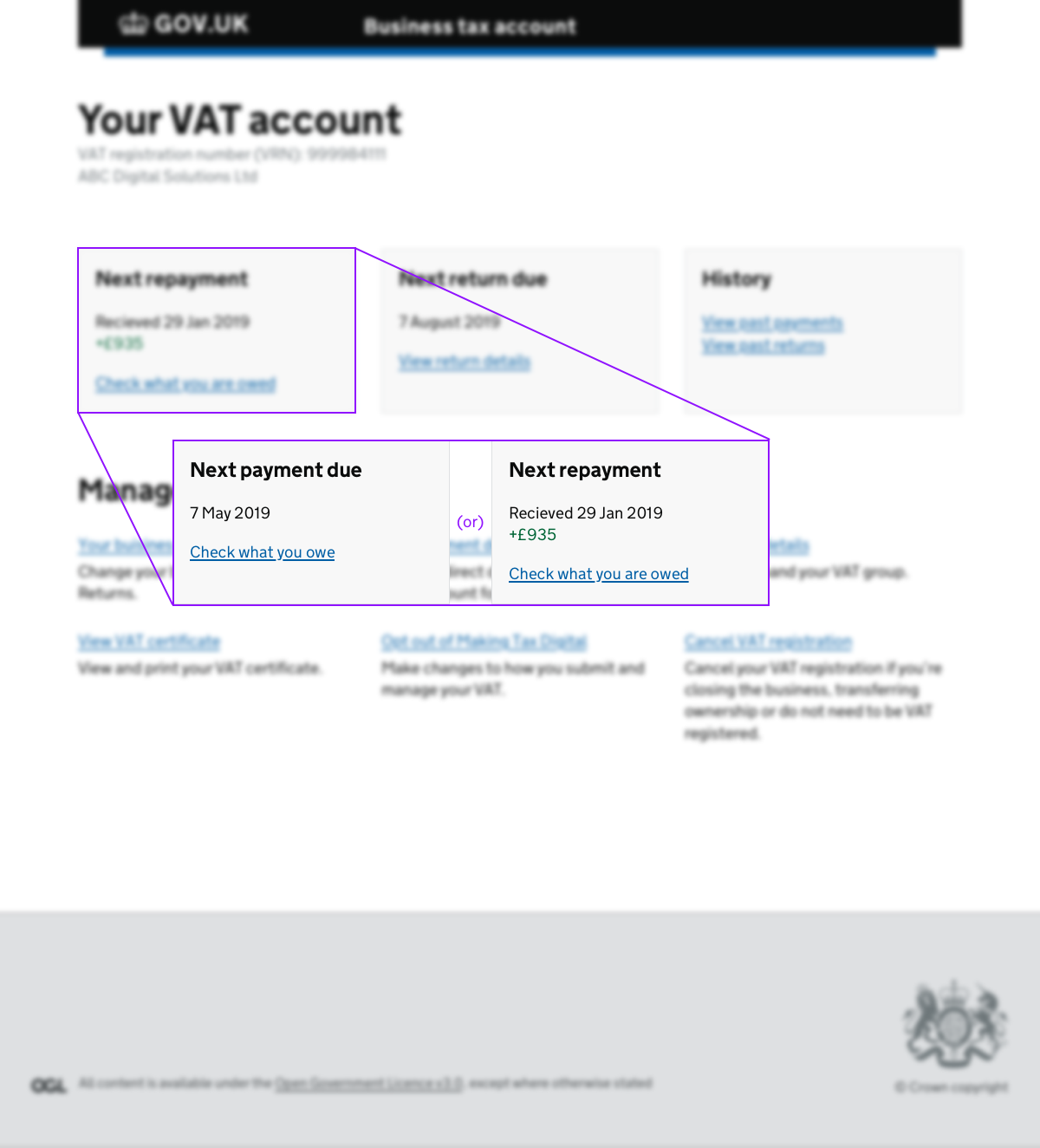 A screenshot showing where we could have added VAT repayment information into the existing VAT account